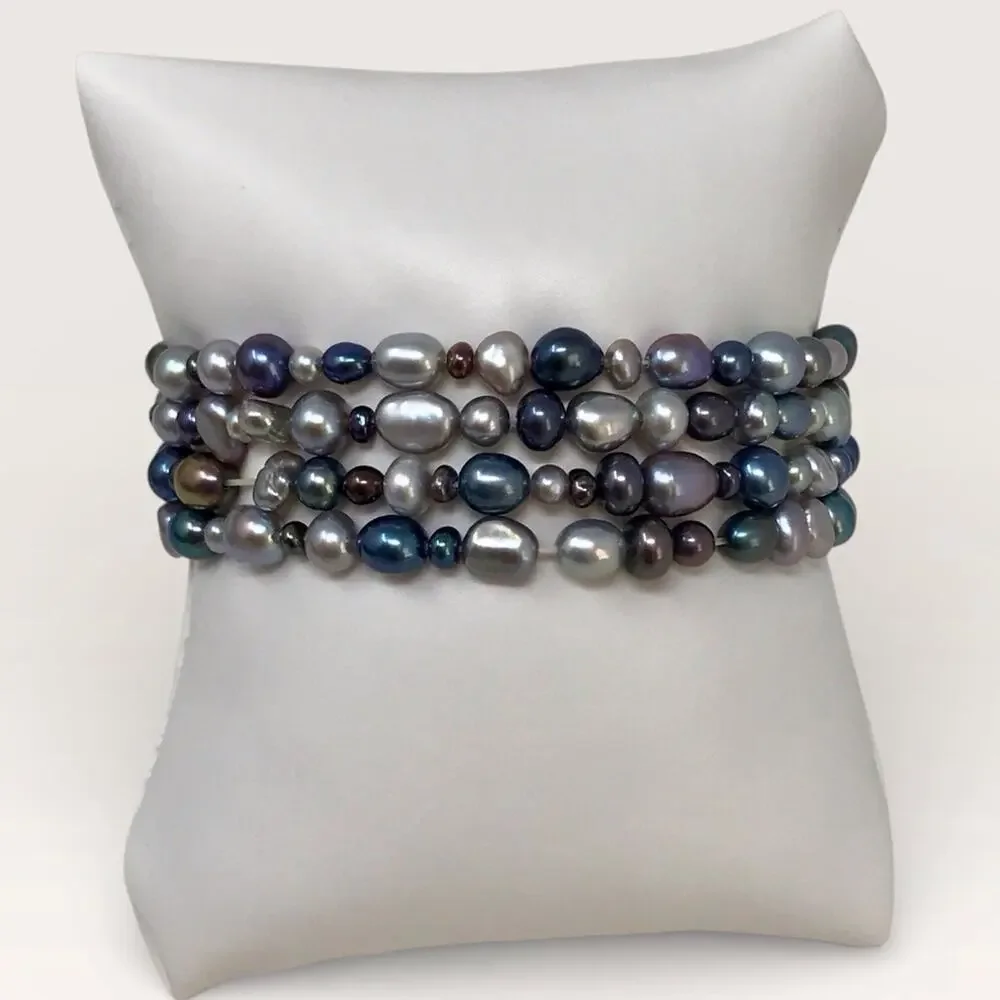 Honora NWT Black & Grey Pearl 4 Stretch Bracelets Cultured Original Satin Case